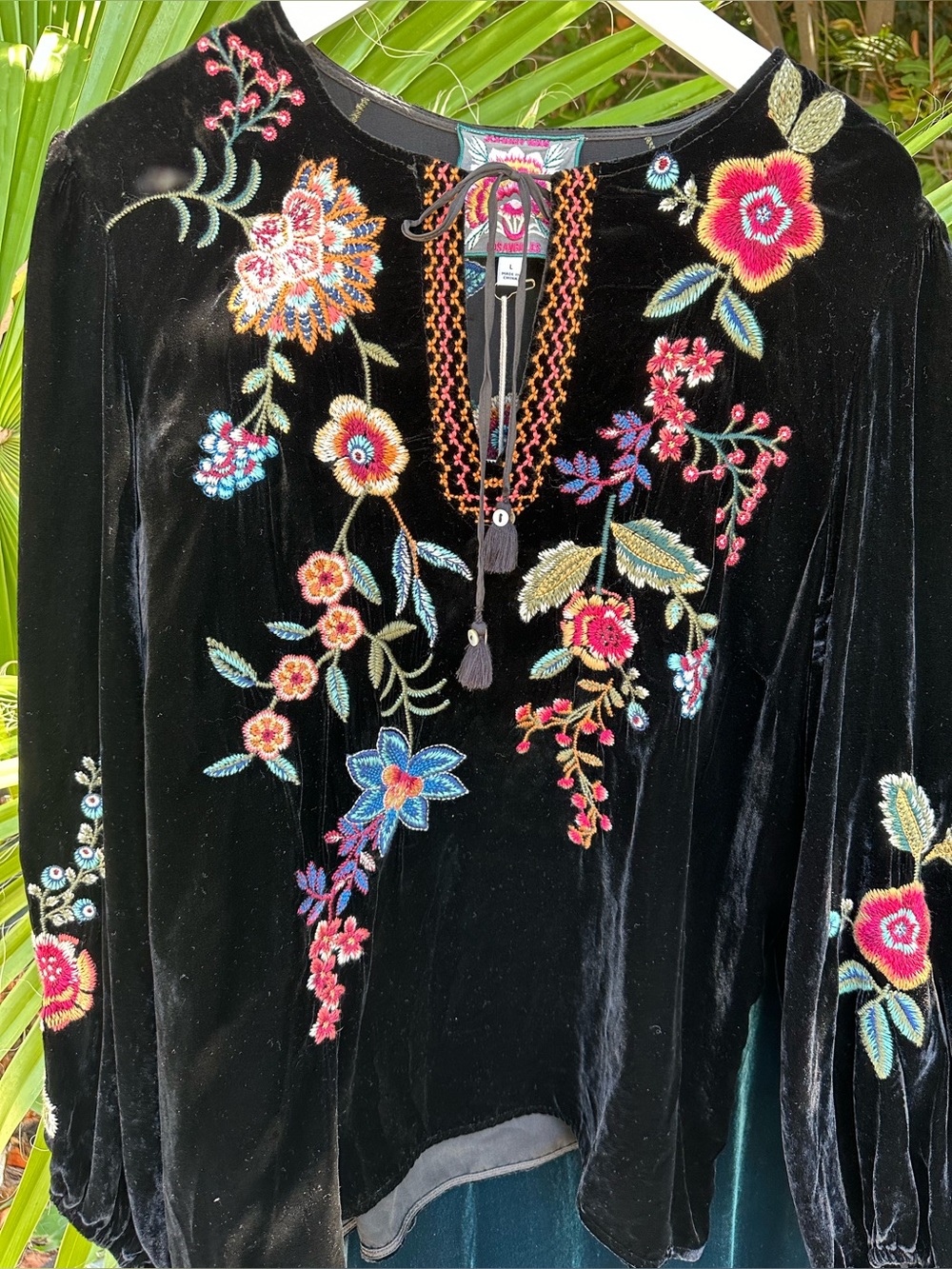 Johnny Was Black Velvet Blouse with Multicolor Floral Embroidery and Tassel Tie
